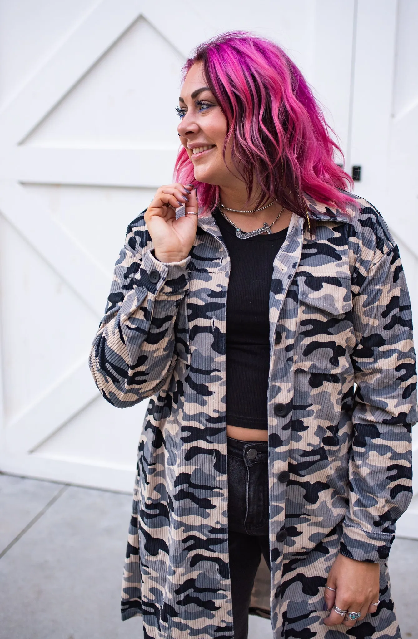 Grey Camo Long Corduroy Shacket
