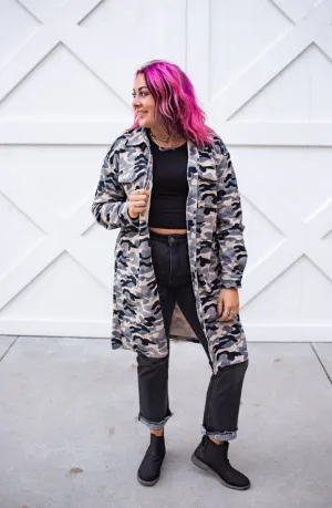 Grey Camo Long Corduroy Shacket