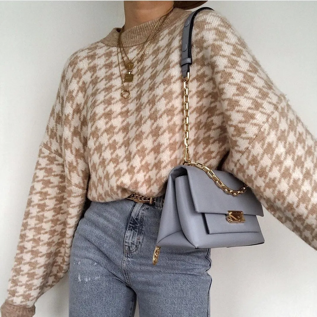 Houndstooth Batwing Sleeve Knitting Swearter