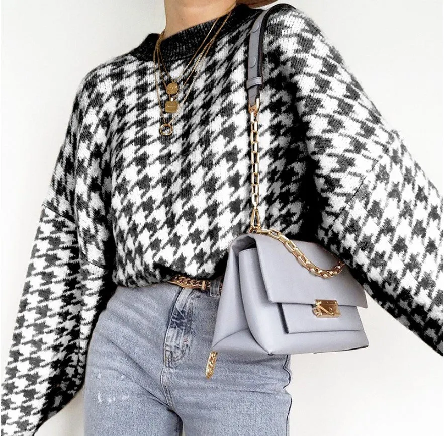 Houndstooth Batwing Sleeve Knitting Swearter