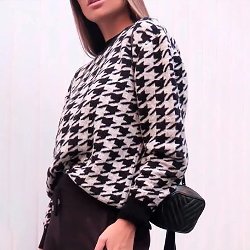 Houndstooth Batwing Sleeve Knitting Swearter