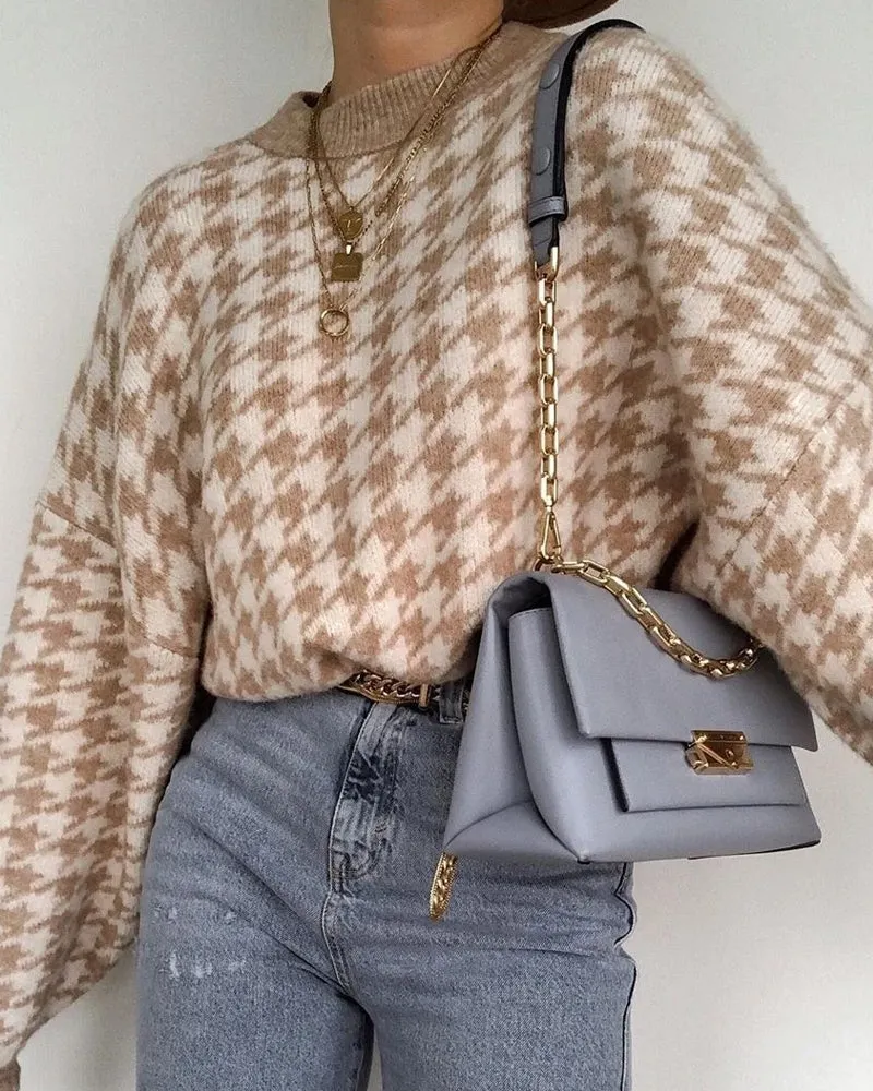 Houndstooth Batwing Sleeve Knitting Swearter