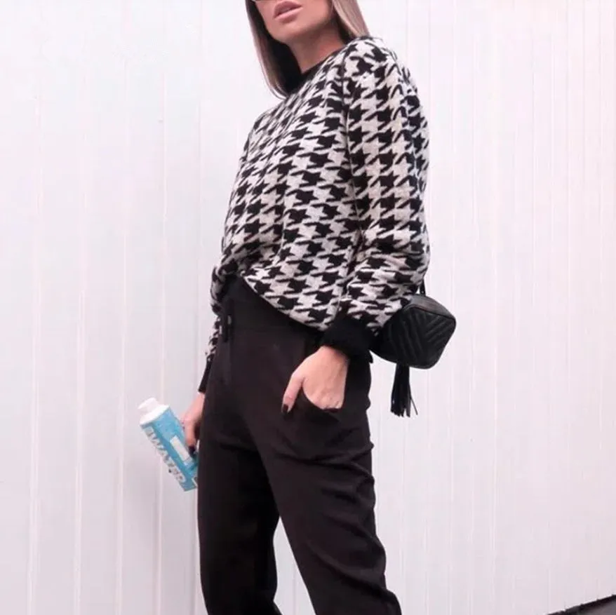 Houndstooth Batwing Sleeve Knitting Swearter