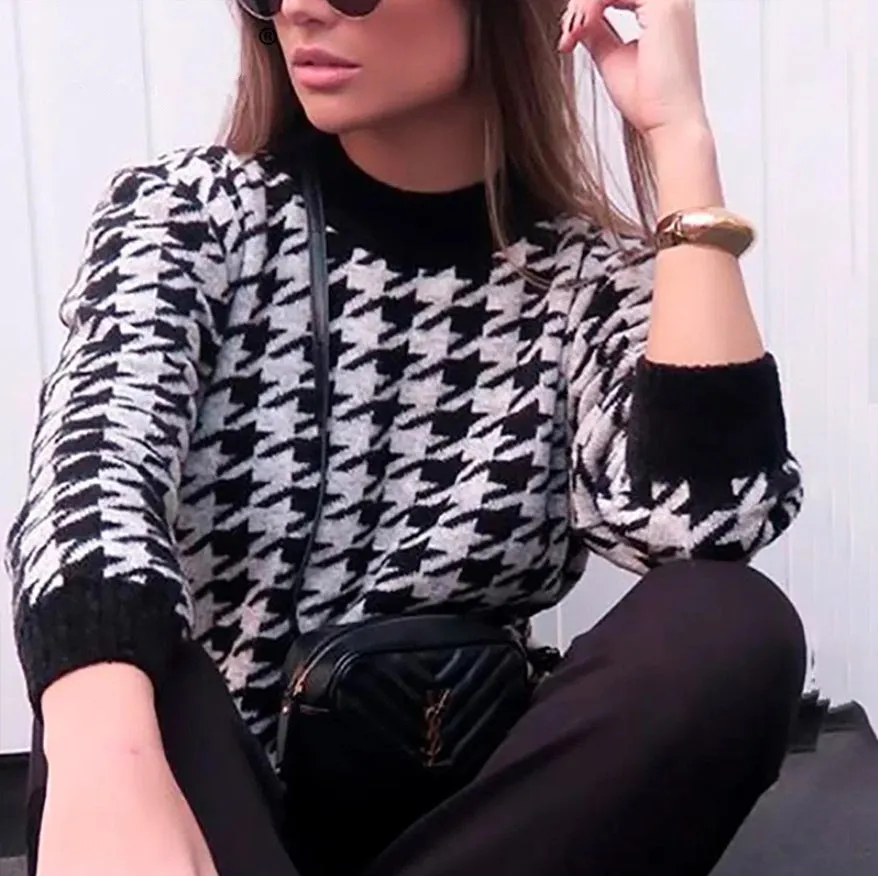 Houndstooth Batwing Sleeve Knitting Swearter