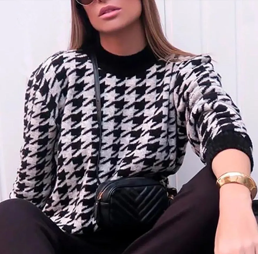 Houndstooth Batwing Sleeve Knitting Swearter