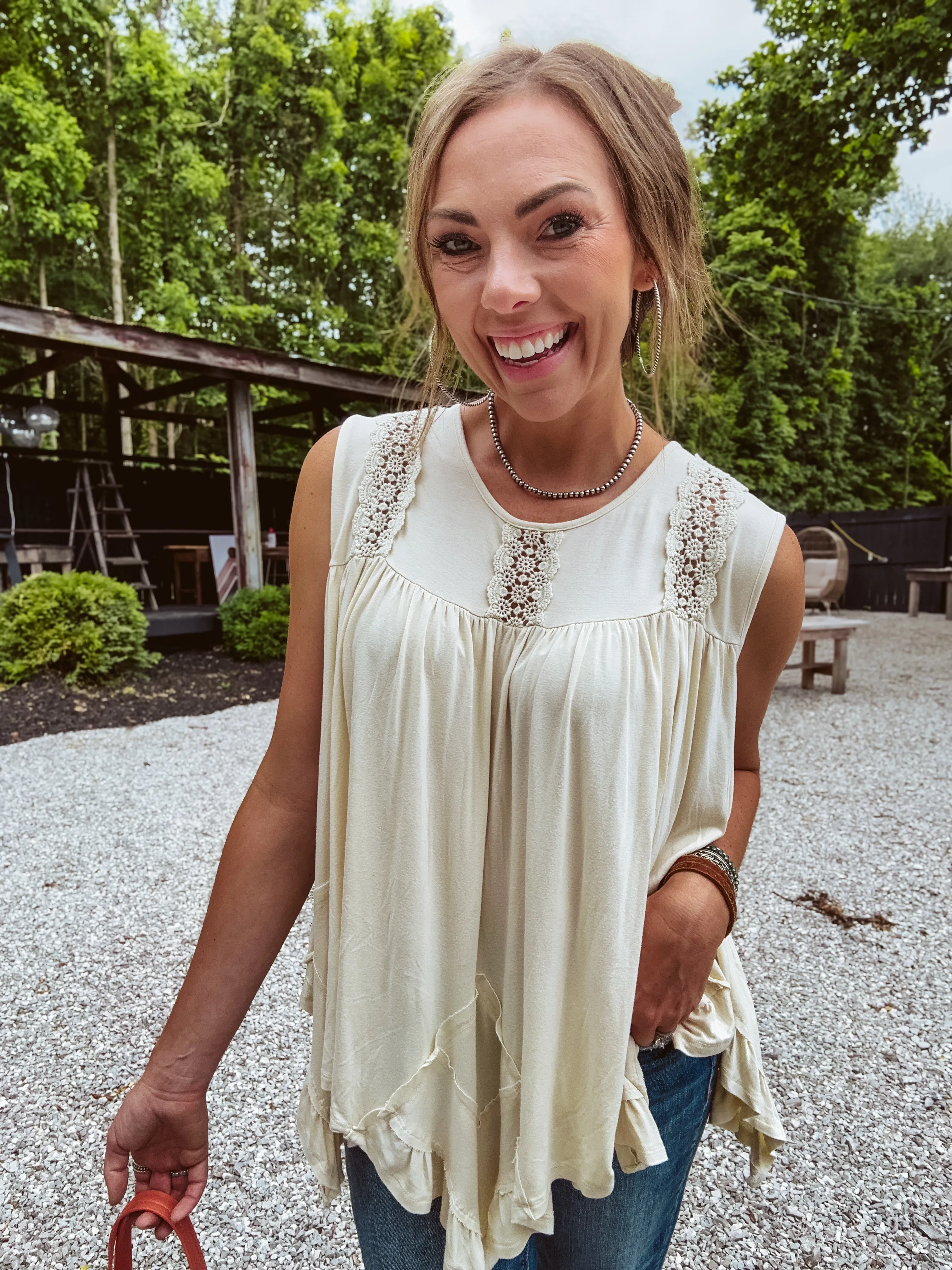 Ivory Mineral Wash Crochet Detail Tank