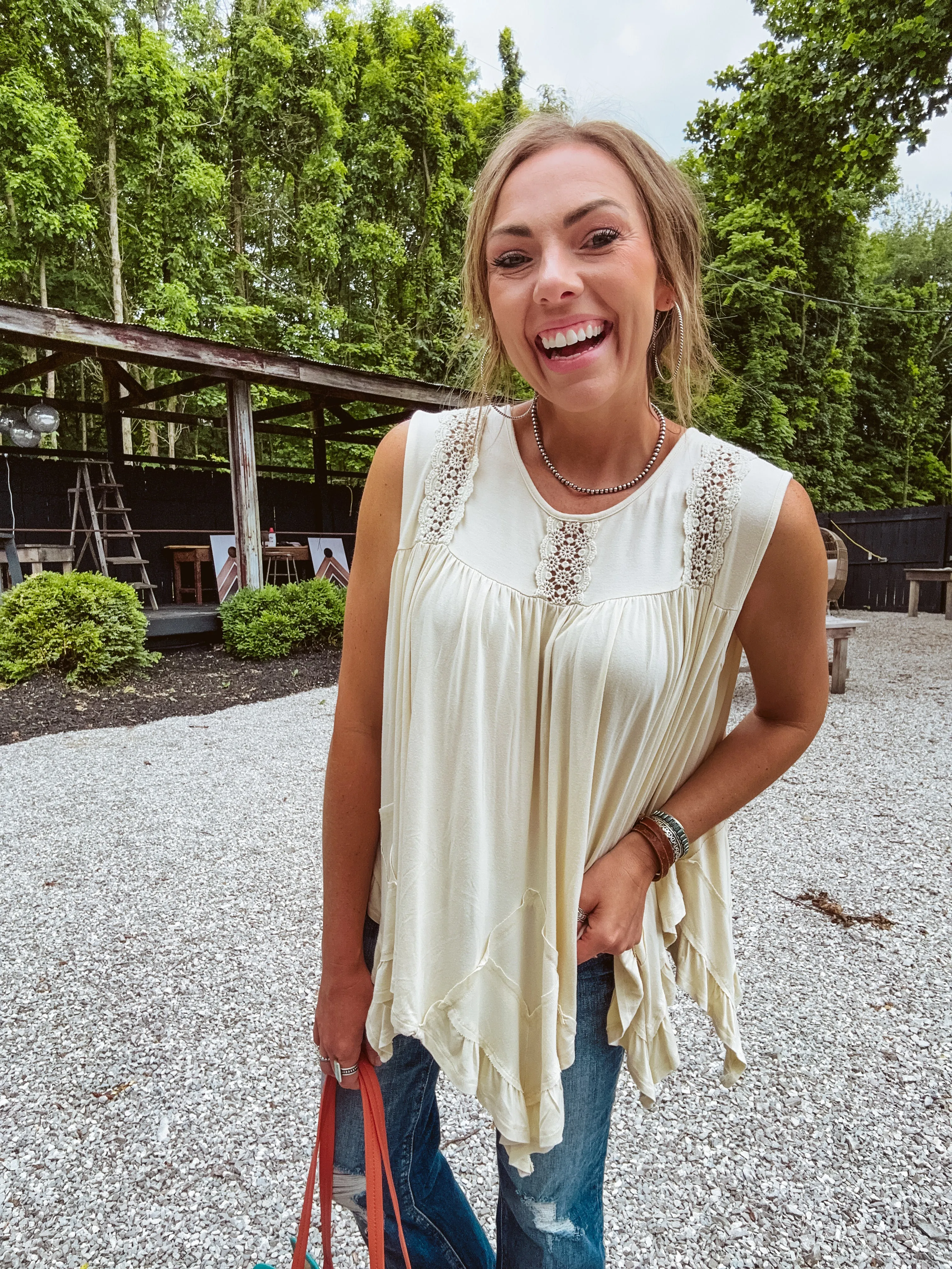 Ivory Mineral Wash Crochet Detail Tank