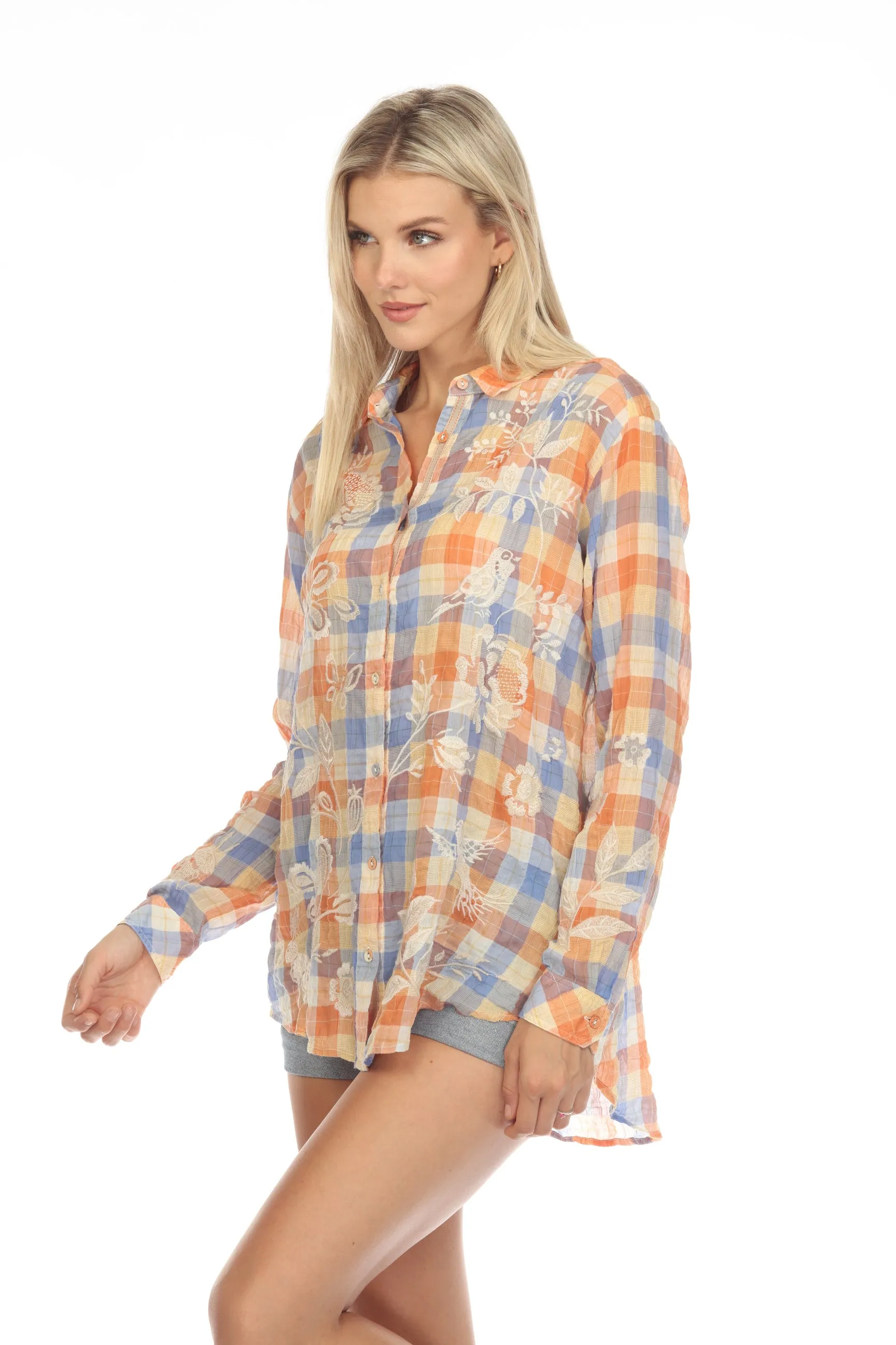 Johnny Was Workshop Harlow Plaid Embroidered Oversized Shirt Tunic Top Boho Chic W25223