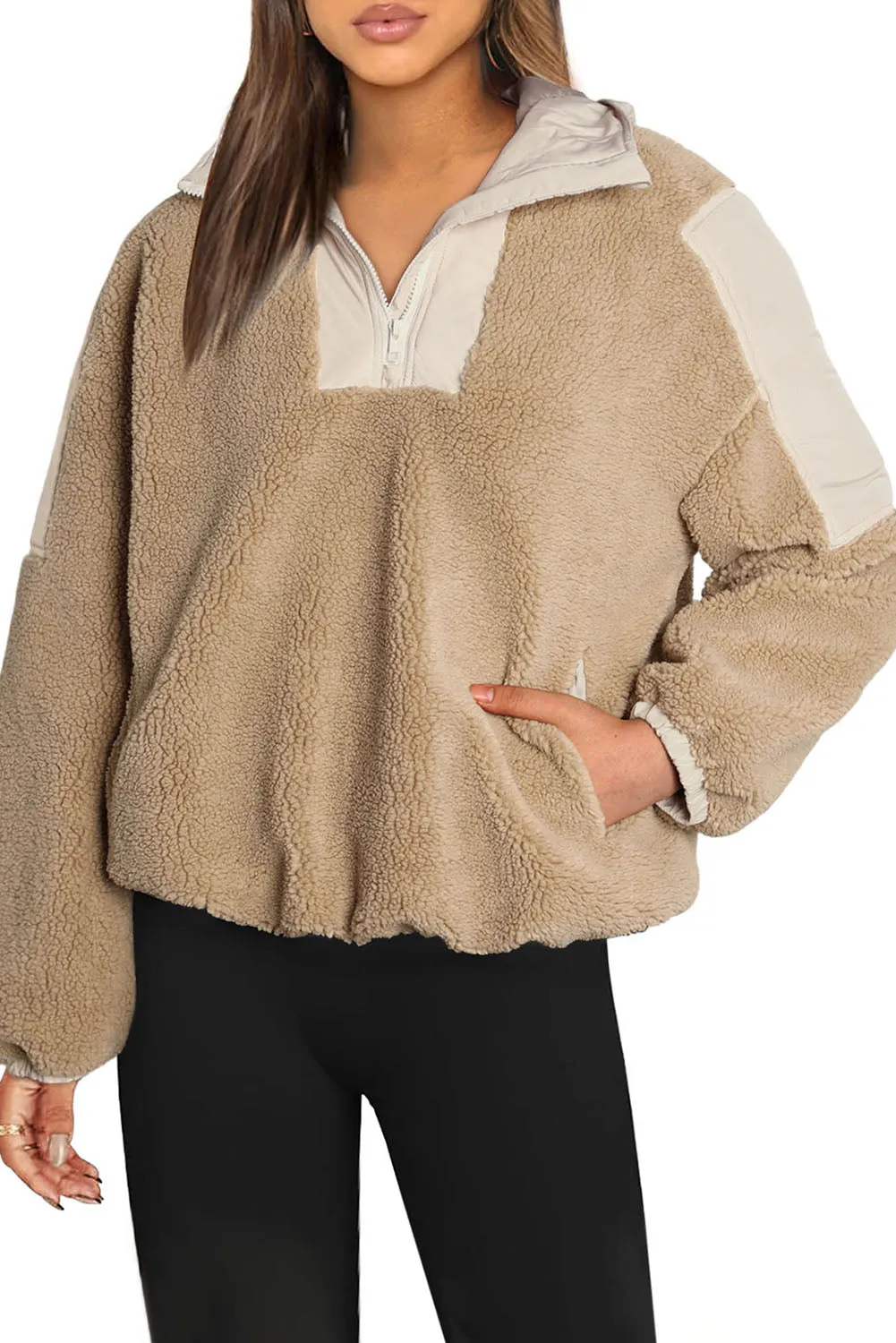 Khaki Contrast Patchwork Zip Neck Fleece Hoodie