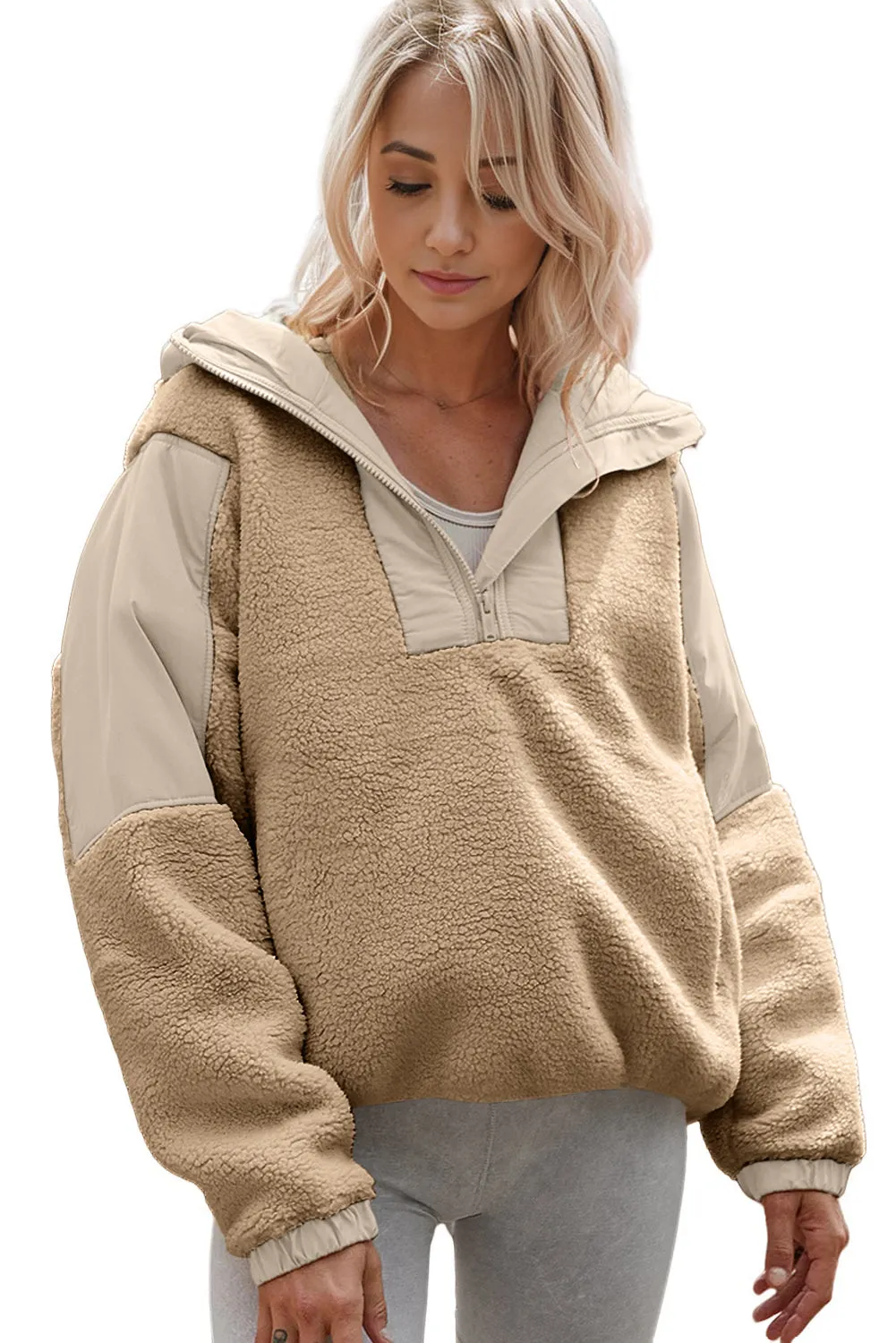 Khaki Contrast Patchwork Zip Neck Fleece Hoodie
