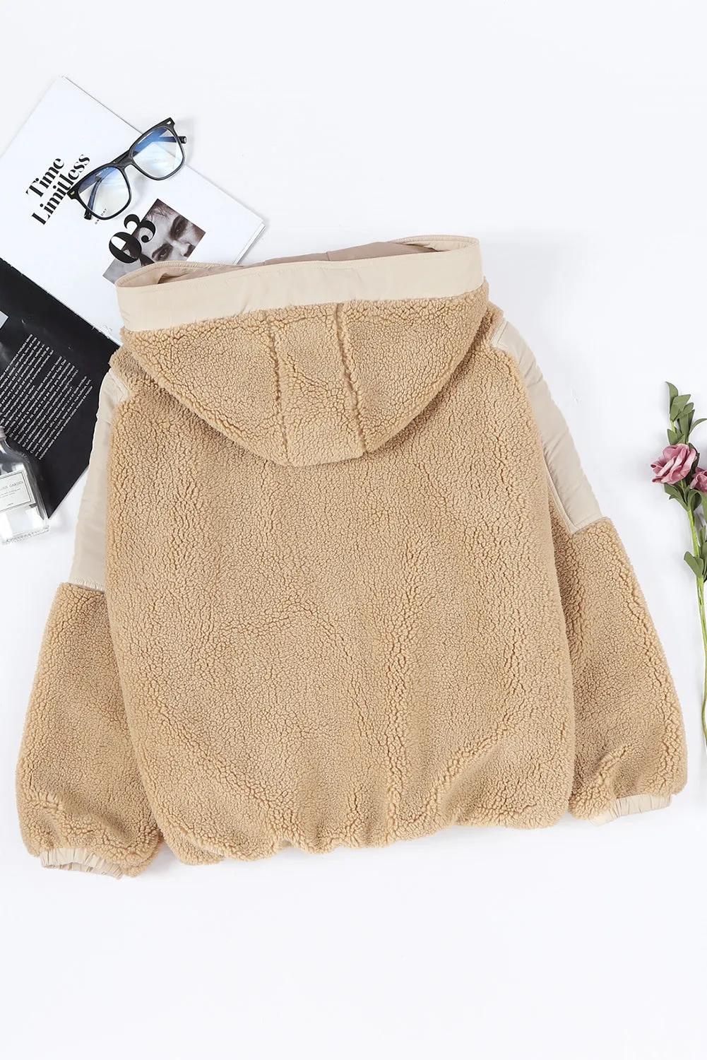 Khaki Contrast Patchwork Zip Neck Fleece Hoodie