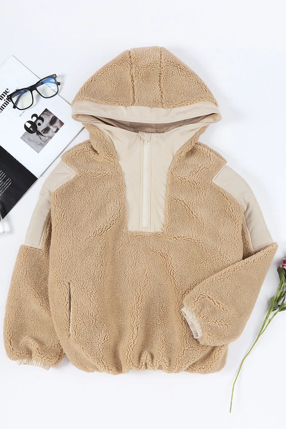 Khaki Contrast Patchwork Zip Neck Fleece Hoodie