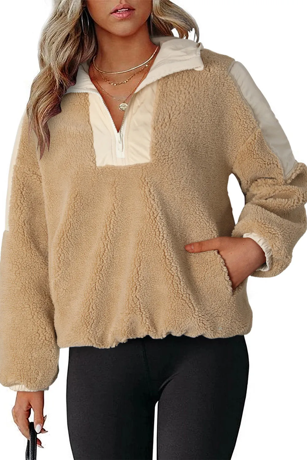 Khaki Contrast Patchwork Zip Neck Fleece Hoodie