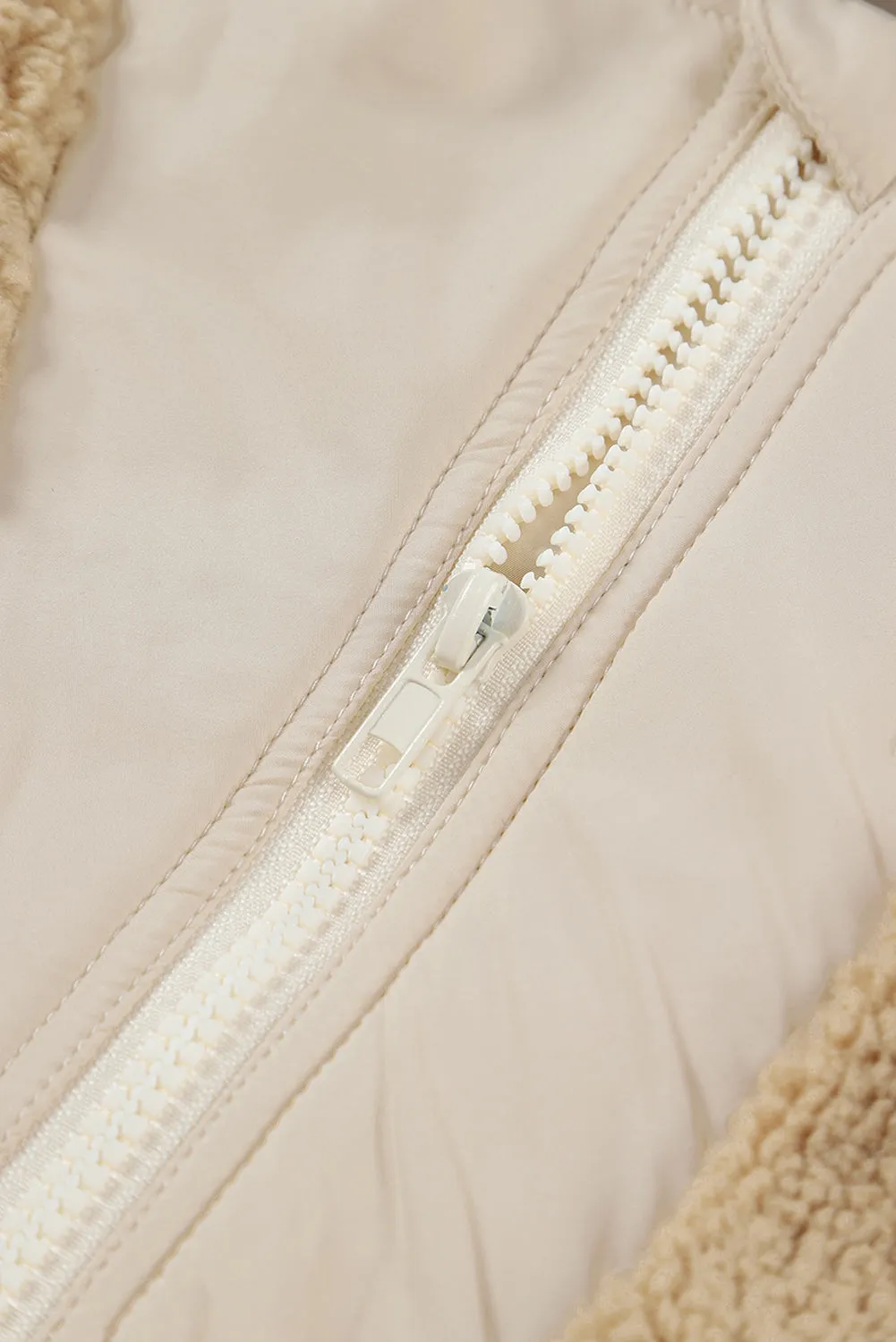 Khaki Contrast Patchwork Zip Neck Fleece Hoodie