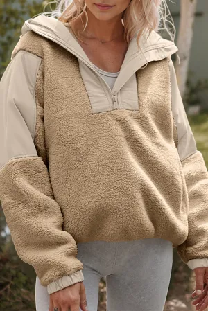 Khaki Contrast Patchwork Zip Neck Fleece Hoodie