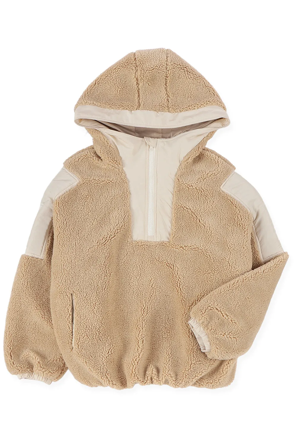 Khaki Contrast Patchwork Zip Neck Fleece Hoodie