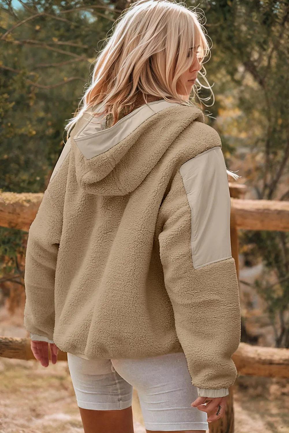 Khaki Contrast Patchwork Zip Neck Fleece Hoodie