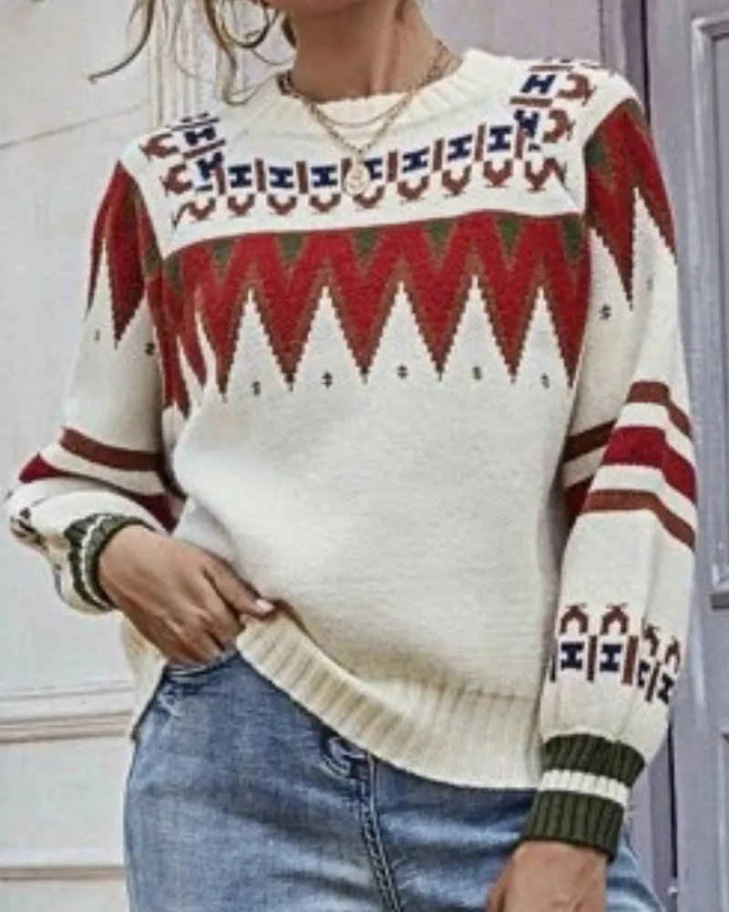 Knit Contrast Argyle Pattern Geometry Sweater