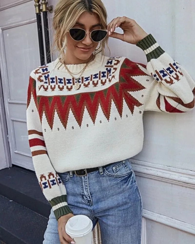 Knit Contrast Argyle Pattern Geometry Sweater