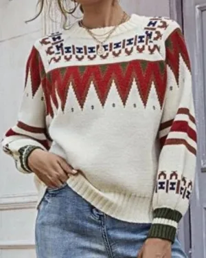 Knit Contrast Argyle Pattern Geometry Sweater