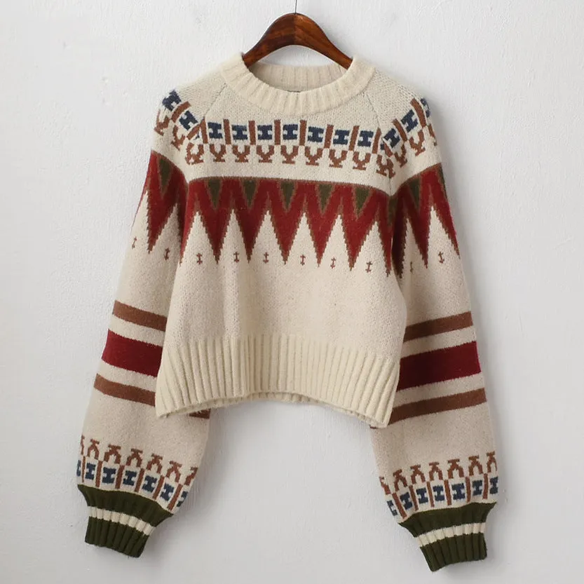 Knit Contrast Argyle Pattern Geometry Sweater