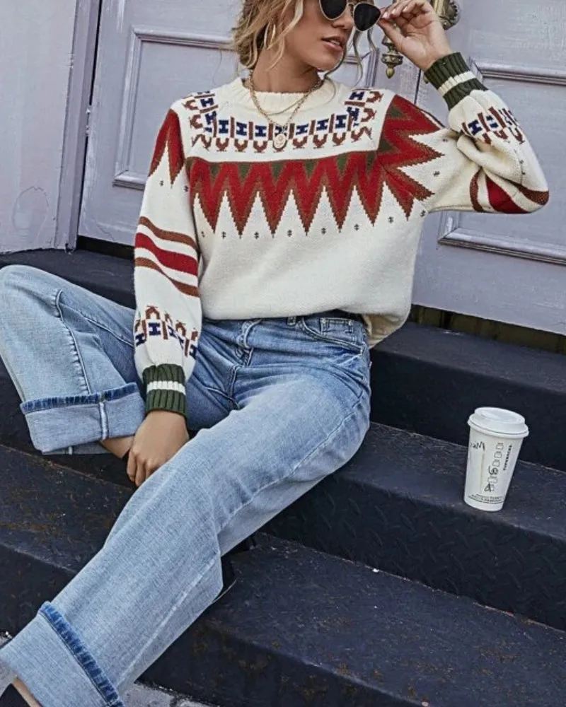 Knit Contrast Argyle Pattern Geometry Sweater