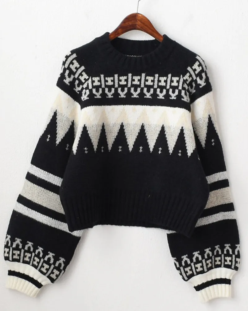Knit Contrast Argyle Pattern Geometry Sweater