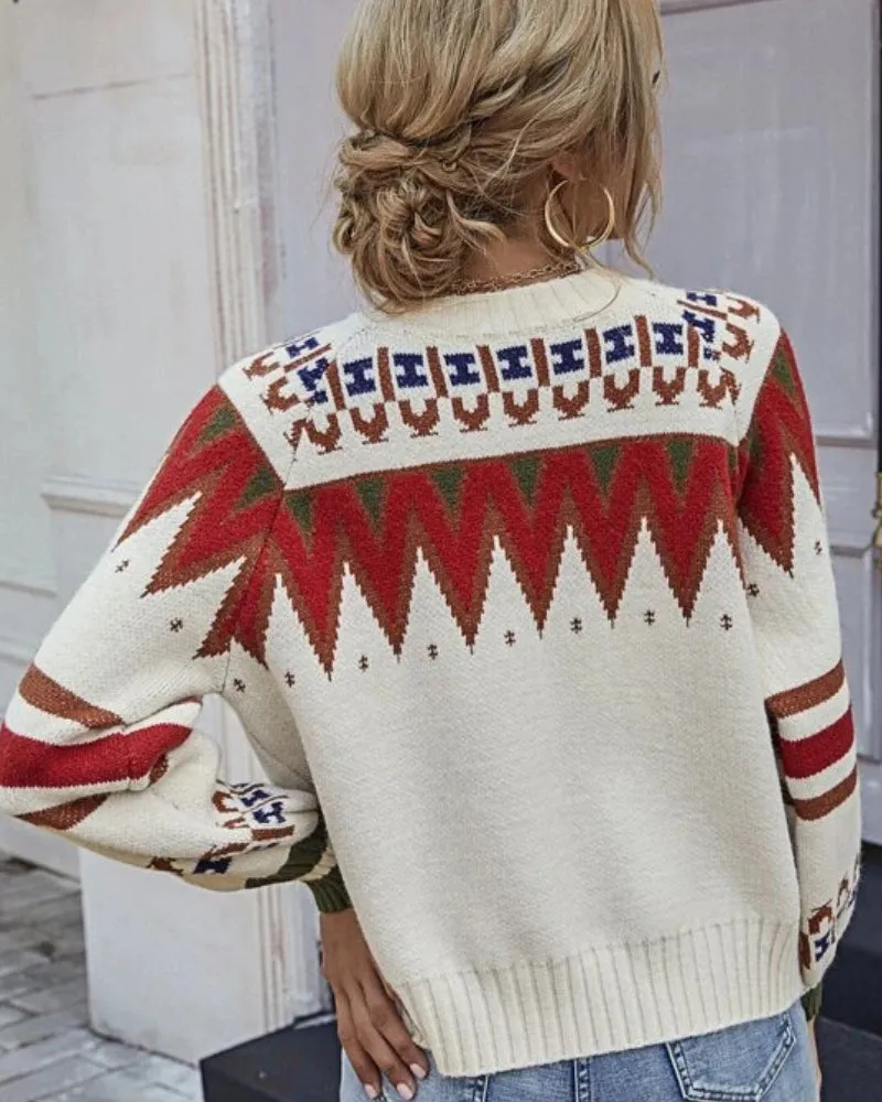 Knit Contrast Argyle Pattern Geometry Sweater