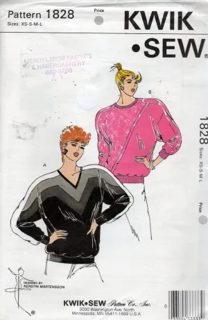Kwik Sew 1828 Womens Stretch Pullover Tops Sweatshirts 1980s Vintage Sewing Pattern Size XS - L UNCUT Factory Folded