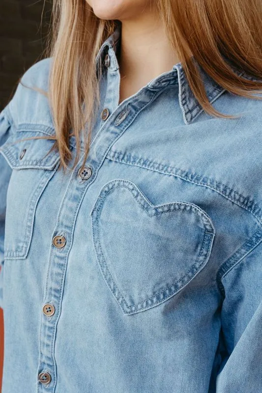 Light Denim Heart Pocket Oversized Shirt LJ0248