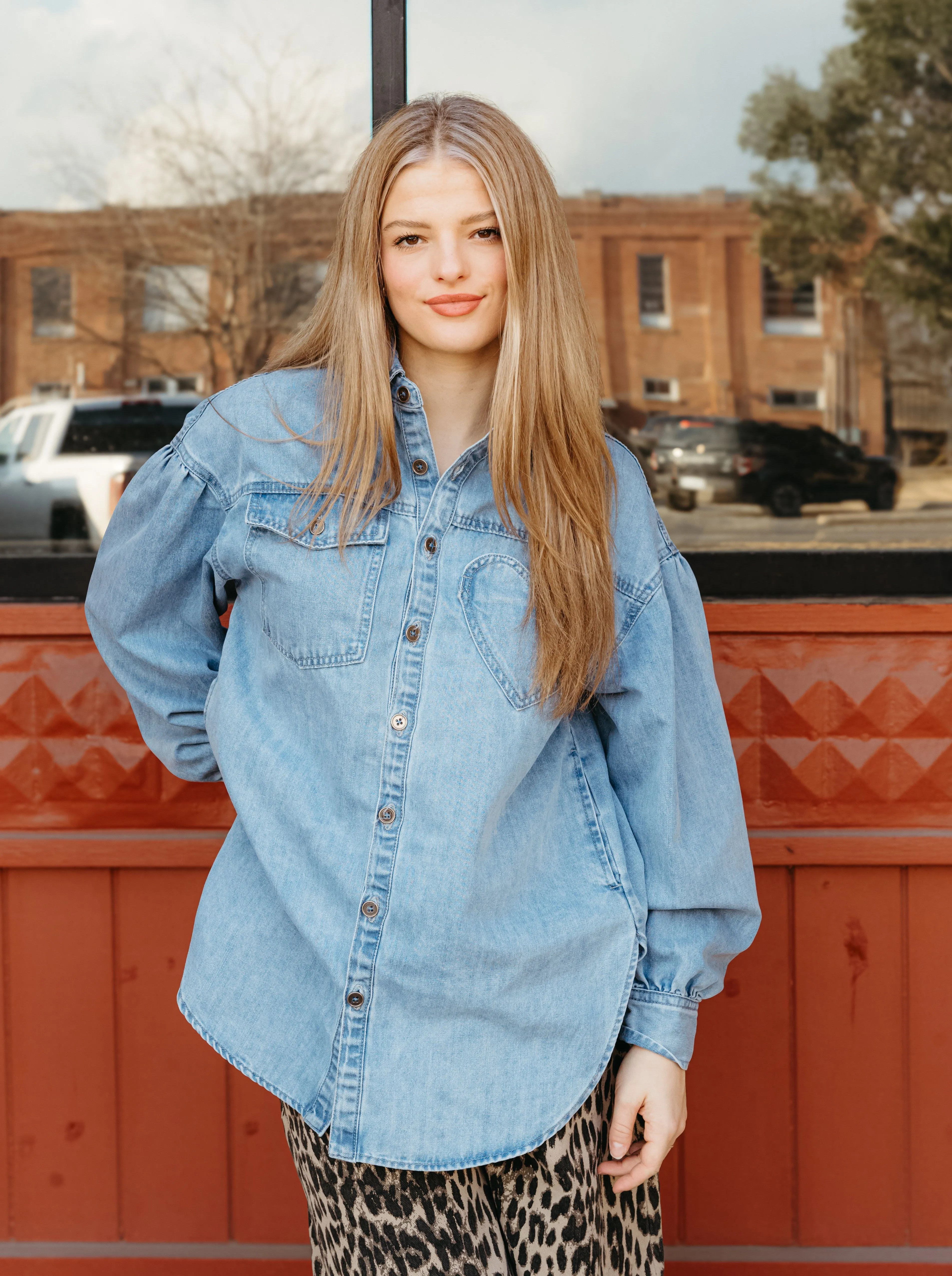 Light Denim Heart Pocket Oversized Shirt LJ0248