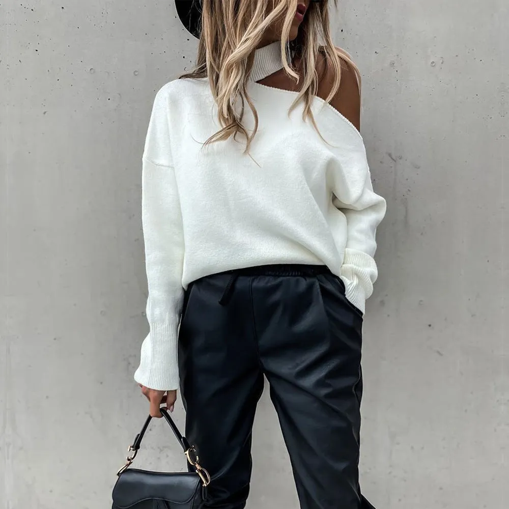 Loose Irregular Halter One Shoulder Sweaters Black