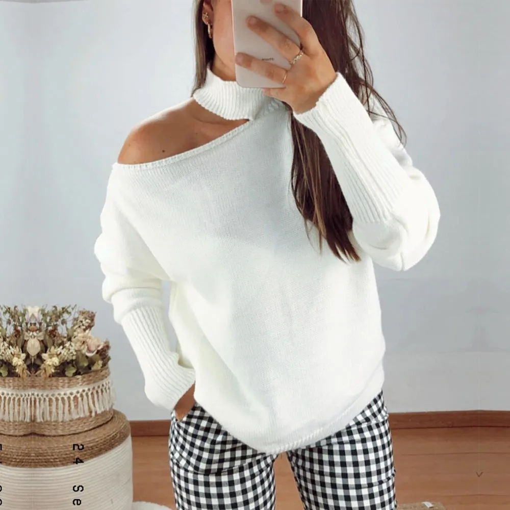 Loose Irregular Halter One Shoulder Sweaters Black