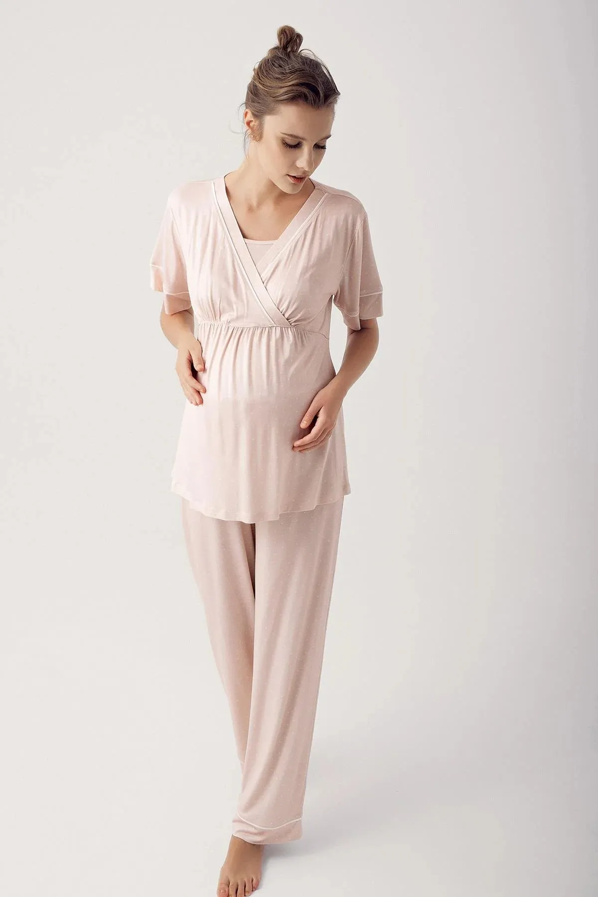 Lycra 3 pcs Maternity Rabe Pajamas Set/bej