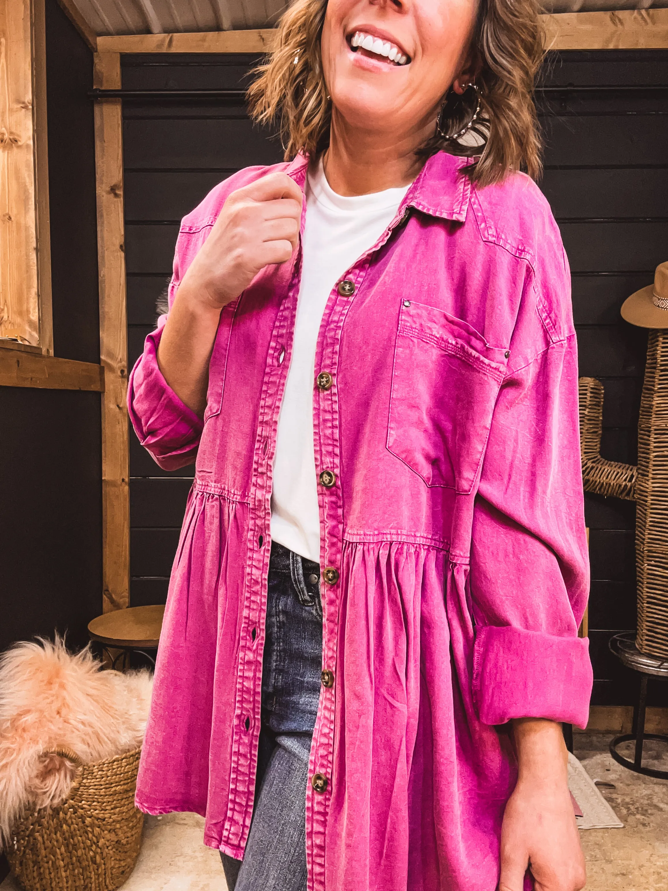 Magenta Button Front Pleated Back Shirt