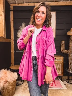 Magenta Button Front Pleated Back Shirt
