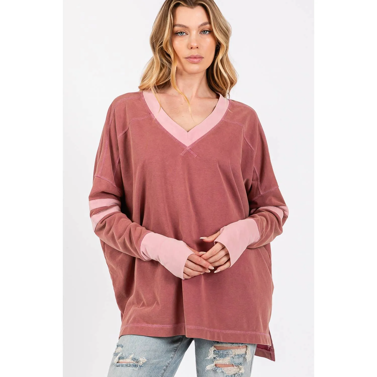 Mineral Wash Stripe Long Sleeve Sage   Fig Top: Mulberry