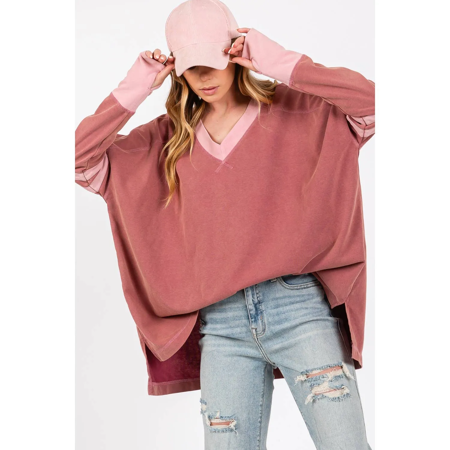 Mineral Wash Stripe Long Sleeve Sage   Fig Top: Mulberry