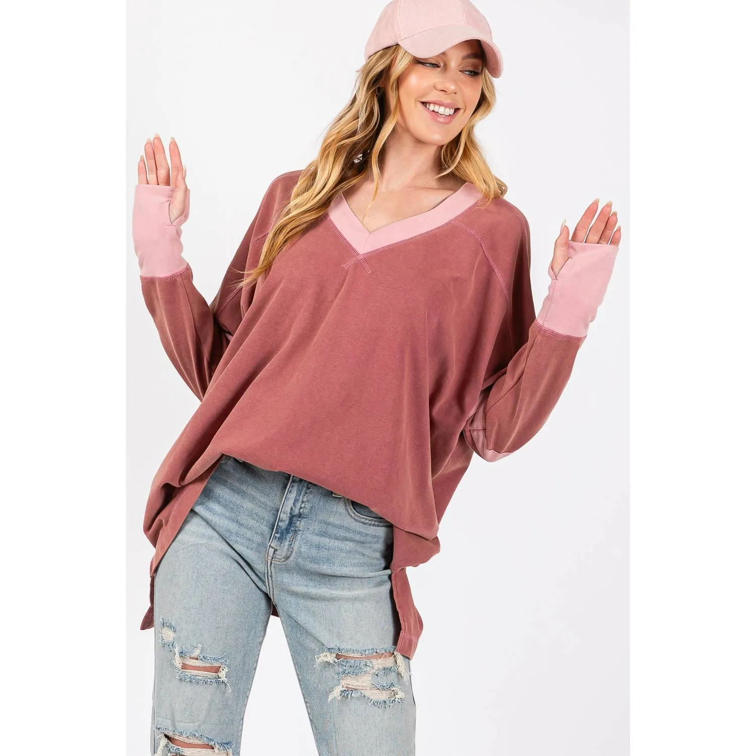 Mineral Wash Stripe Long Sleeve Sage   Fig Top: Mulberry
