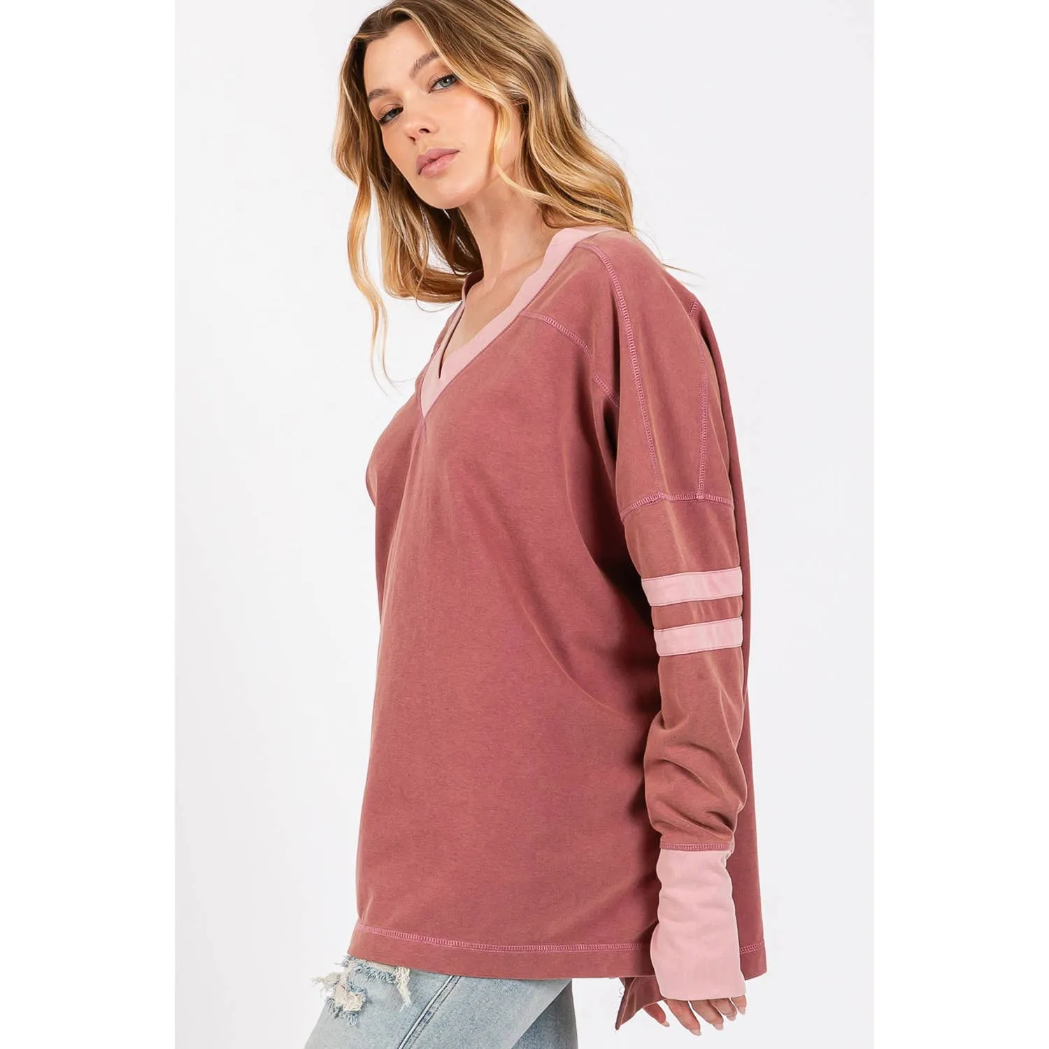 Mineral Wash Stripe Long Sleeve Sage   Fig Top: Mulberry