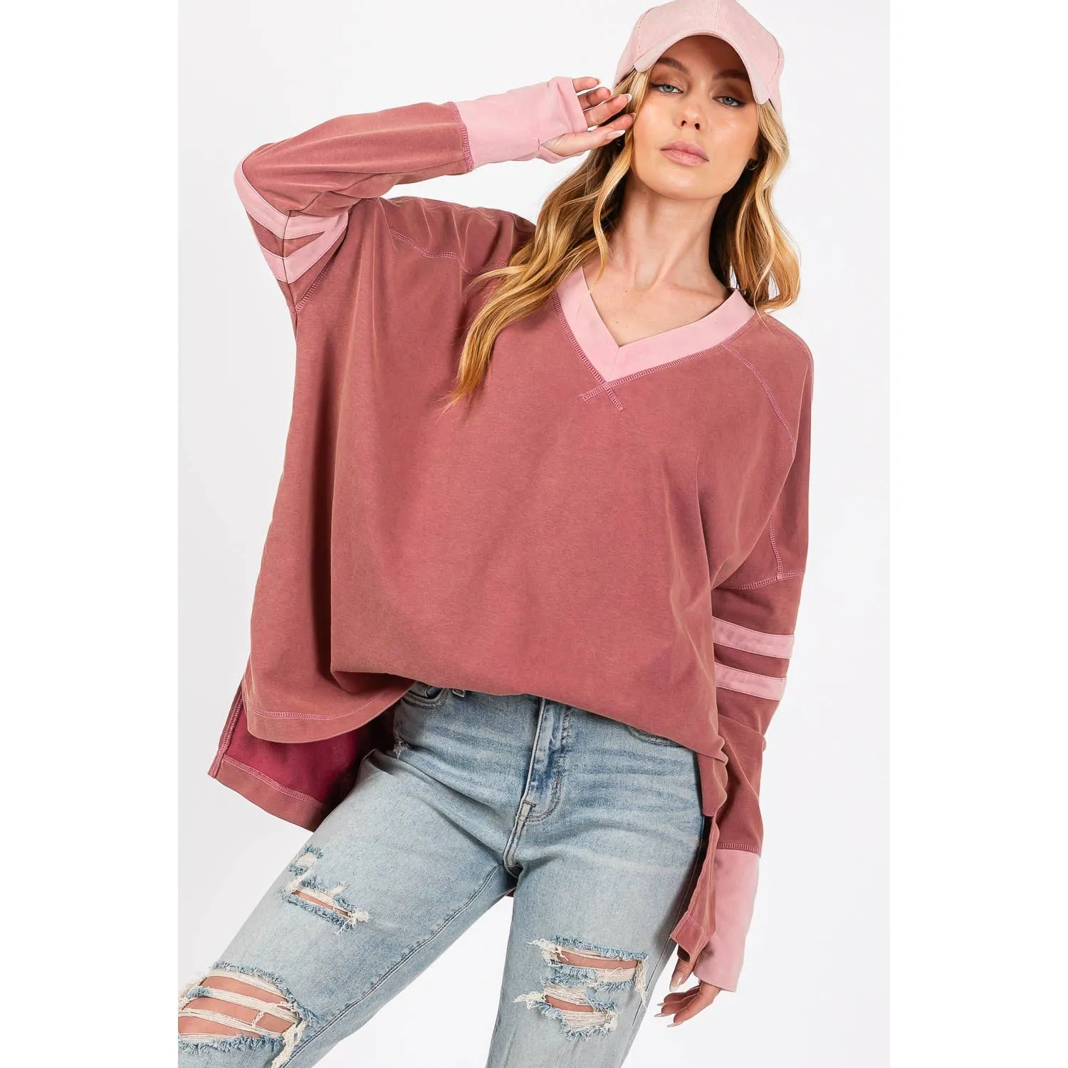 Mineral Wash Stripe Long Sleeve Sage   Fig Top: Mulberry