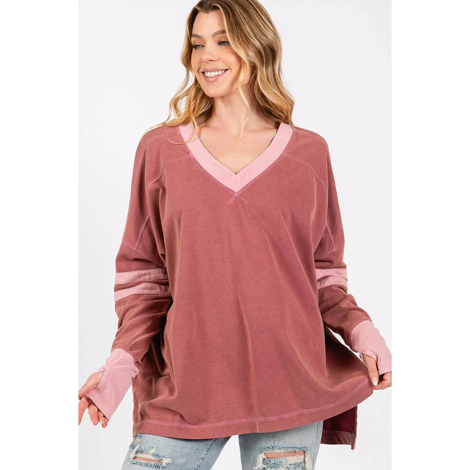 Mineral Wash Stripe Long Sleeve Sage   Fig Top: Mulberry