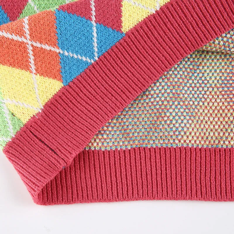 Multicolor V-neck Knitting Lattice Vest Sweater
