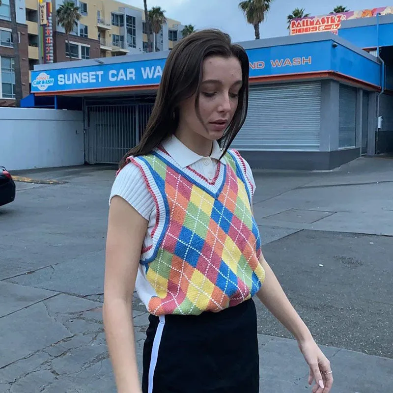Multicolor V-neck Knitting Lattice Vest Sweater