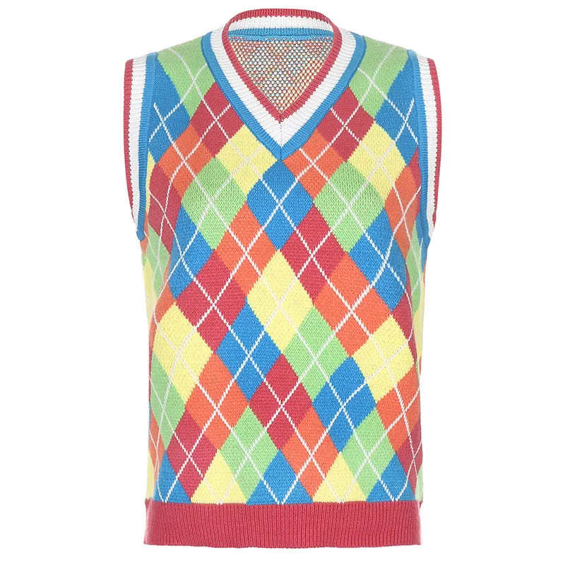 Multicolor V-neck Knitting Lattice Vest Sweater