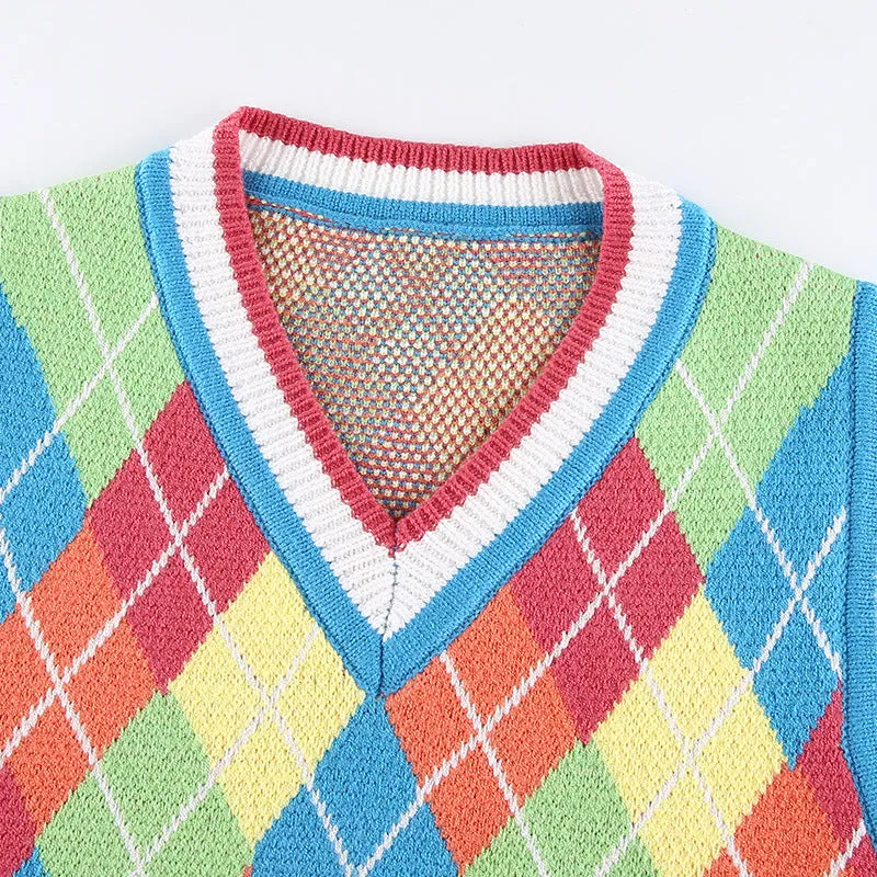 Multicolor V-neck Knitting Lattice Vest Sweater