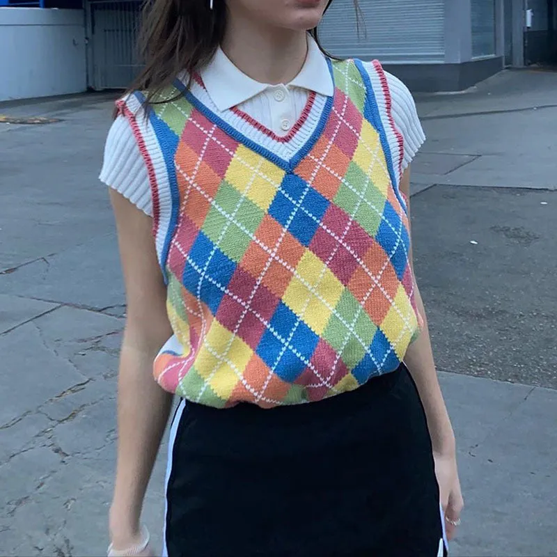 Multicolor V-neck Knitting Lattice Vest Sweater