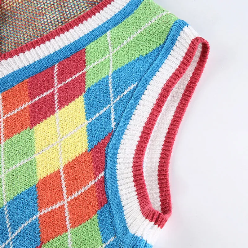 Multicolor V-neck Knitting Lattice Vest Sweater