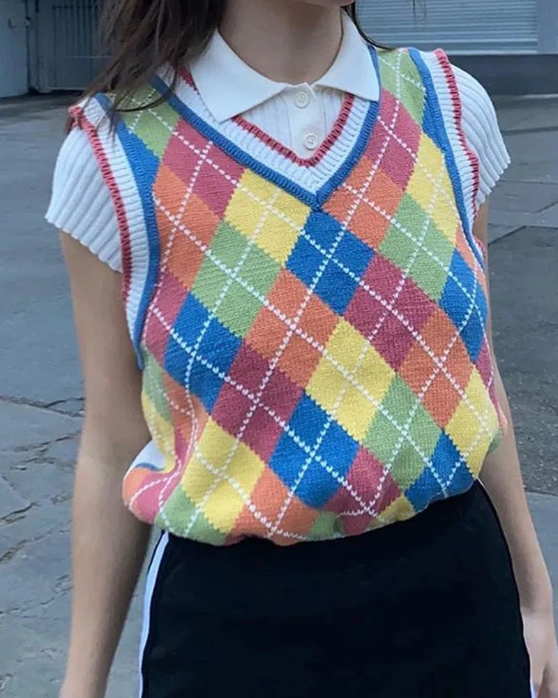Multicolor V-neck Knitting Lattice Vest Sweater