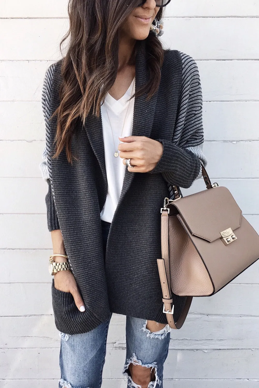 Multicolour Color Block Loose Fit Collared Knit Cardigan